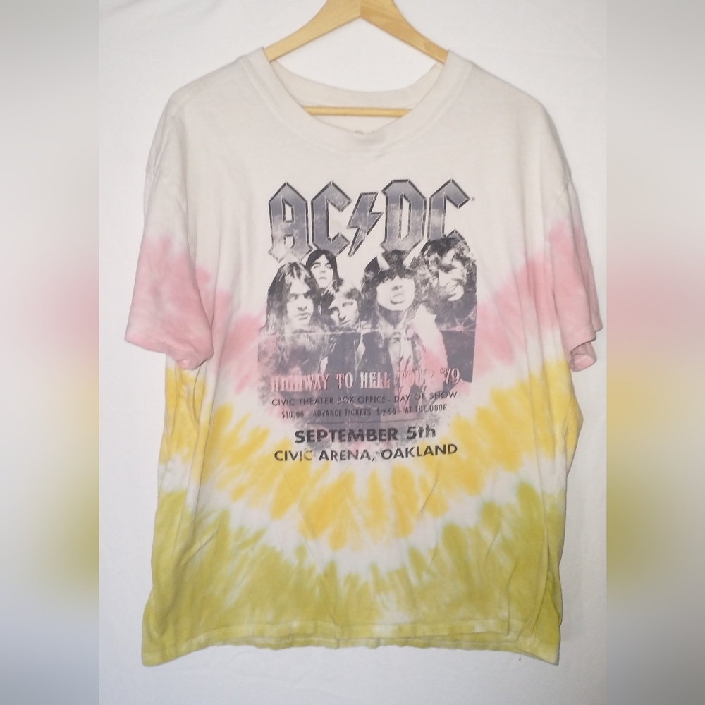 AC/DC Band Graphic Tee - Pink, Yellow, White Tie Dye XL